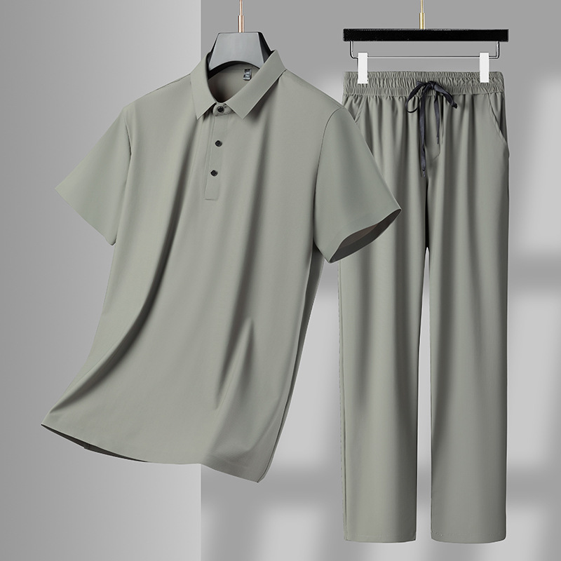 Conjunto informal de para hombre, ropa deportiva transpirable de seda de hielo, camiseta Polo de manga corta y pantalones, chándales, Verano: L / Caqui