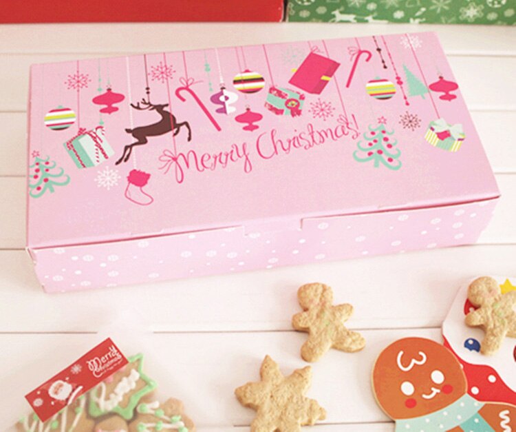 24*12*4.5cm 10pcs Christmas Pink Cookie Paper Box Macaron Chocolate Snacks Sweet Candy Party Packing