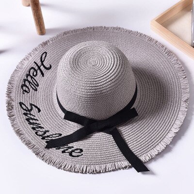 Håndlavet vævning brev sol hatte til kvinder sort bånd snøre op store randen stråhat udendørs strand hat sommer hætter chapeu feminino: 6