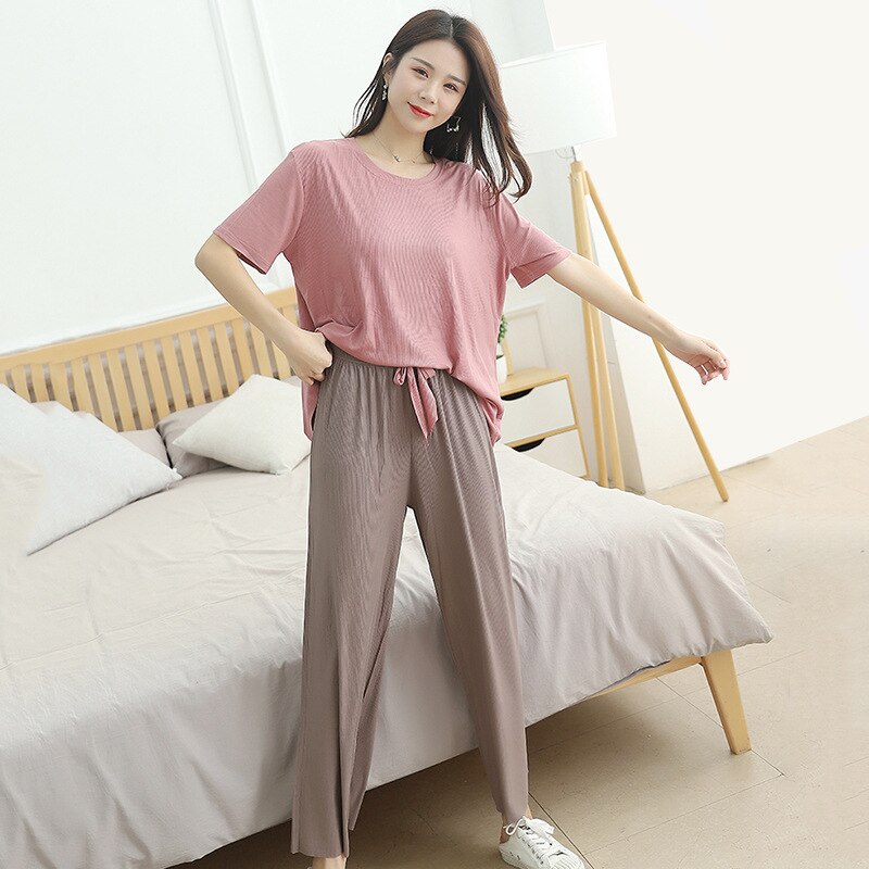 Plus size lösa fritidstoppar kvinnors vår- och sommarkostymer stil dampyjamas kortärmade pyjamasset