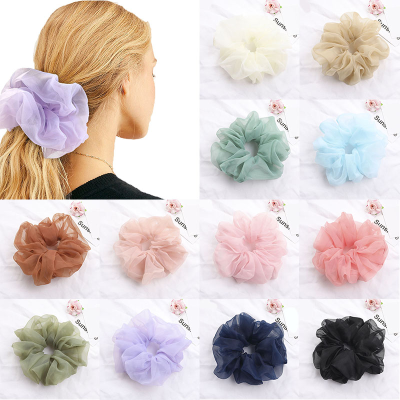 Scrunchies de malla de gran tamaño para mujer, cuerda romántica para el cabello rosa y azul, lazos para el cabello de Organza de tul transparente, accesorios para el cabello, banda para el cabello