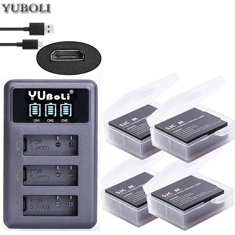 3.7v 900mah sjcam SJ4000 Battery For SJCAM sj4000 sj 4000 SJ5000 6000 7000 8000 sj9000 C30 M10 action Camera Bateria: charger and 4battery