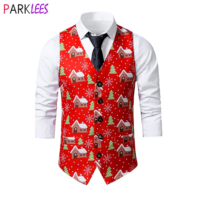 Red Christmas Vest Wasitcoat Men Brand V Neck Slim Fit Waistcoats Mens Xmas Navidad Party Prom Vest Gilet Costume Homme 2XL