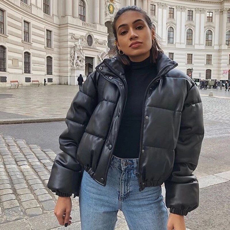 Femmes PU cuir veste bouffante épais manteaux fermeture éclair gilet vestes surdimensionné coton bulle vêtements femme Za