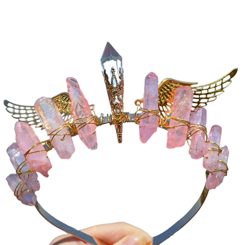 Corona de cuarzo de cristal crudo hecha a mano, diadema de Metal Vintage, ala de Ángel, diosa, Tiara, Halo, diadema antigua para boda: PK