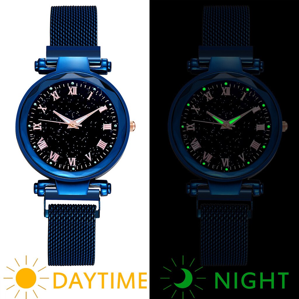 Vrouwen Horloge Luxe Starry Dial Crystal Rvs Mesh Magnetische Riem Dames Quartz Horloge Vrouwen Lichtgevende Handen Horloges