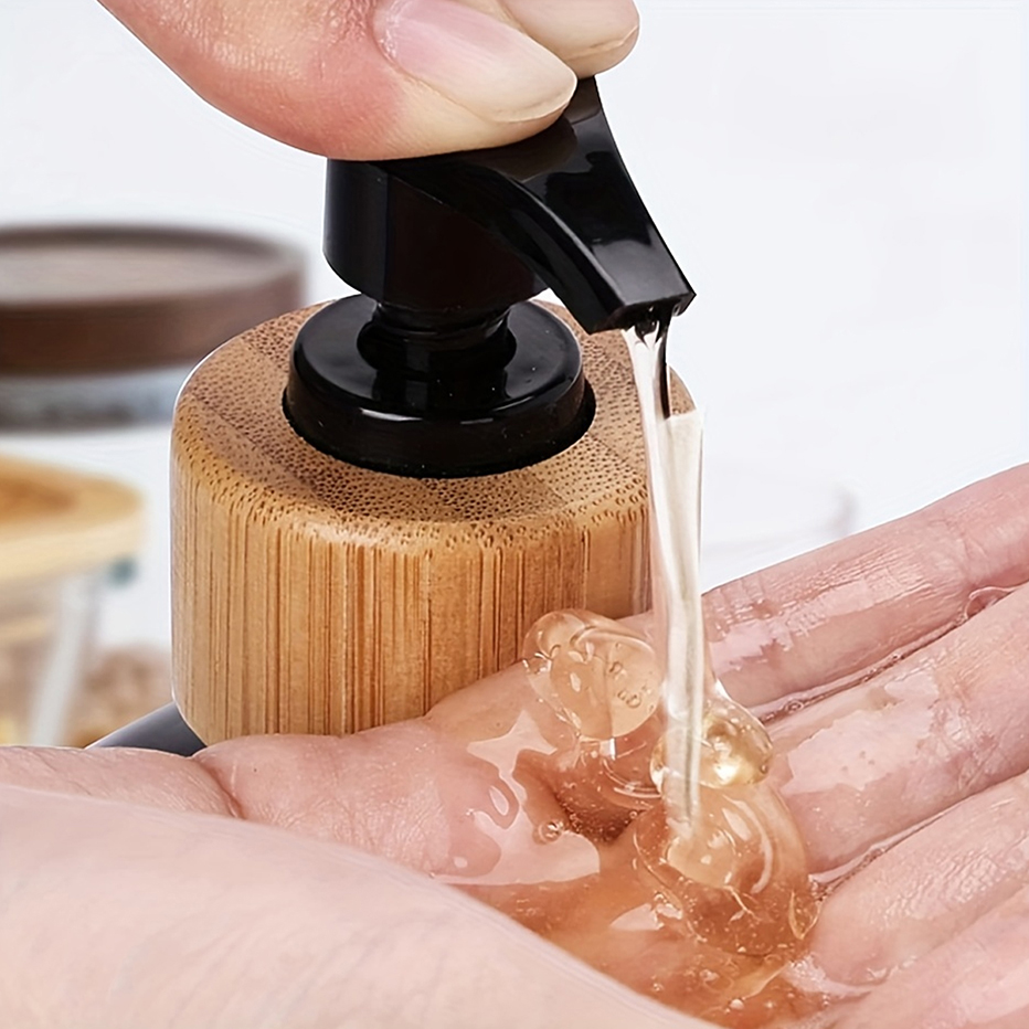 Dispensador de jabón con bandeja de bambú para cocina, baño, decoración de fregadero, botella de jabón para champú, acondicionador, lavado de cuerpo, dispensador de lavado de manos