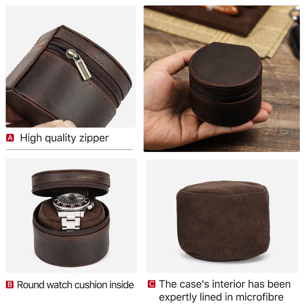 Leather Watch Travel Case Zipper Single Watch Case Storage Soft Cushioned Container for Wristwatch Organizer Box for Men
