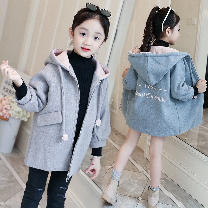 Girls woolen coat winter children's coat casual hooded padded quilted woolen coat children clothes 3-12 years