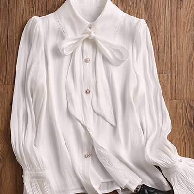 CUPSHE Satijnen Shirt Top voor Vrouwen Vlinderdas Lange Mouw Glanzende Hoge Hals Werk Casual Blouses, Wit, XS