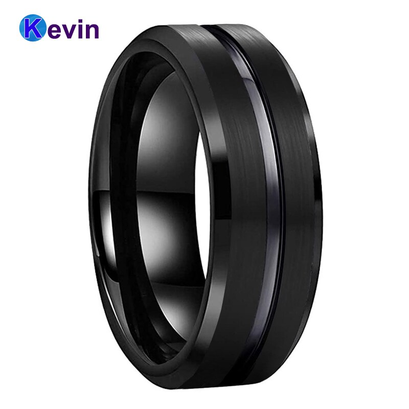 Bague classique en carbure de tungstène noir, bague de mariage, 8MM, finition brossée Center rainuré confortable