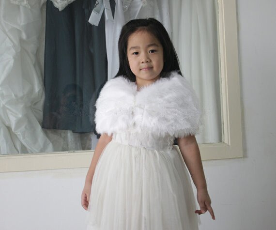 Child faux fur wrap Pearl shrug White Flower girl Shawl 6 years old Wraps Winter wedding shrugs Bolero Coat faux fur cover up