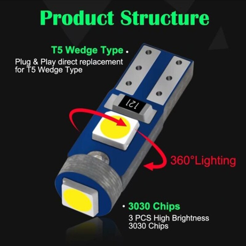 Ampoule Led T5 W3W W1.2W Canbus Led lumières intérieures de voiture tableau de bord indicateur de réchauffement cale Auto Instrument lampe 12V 10 pièces