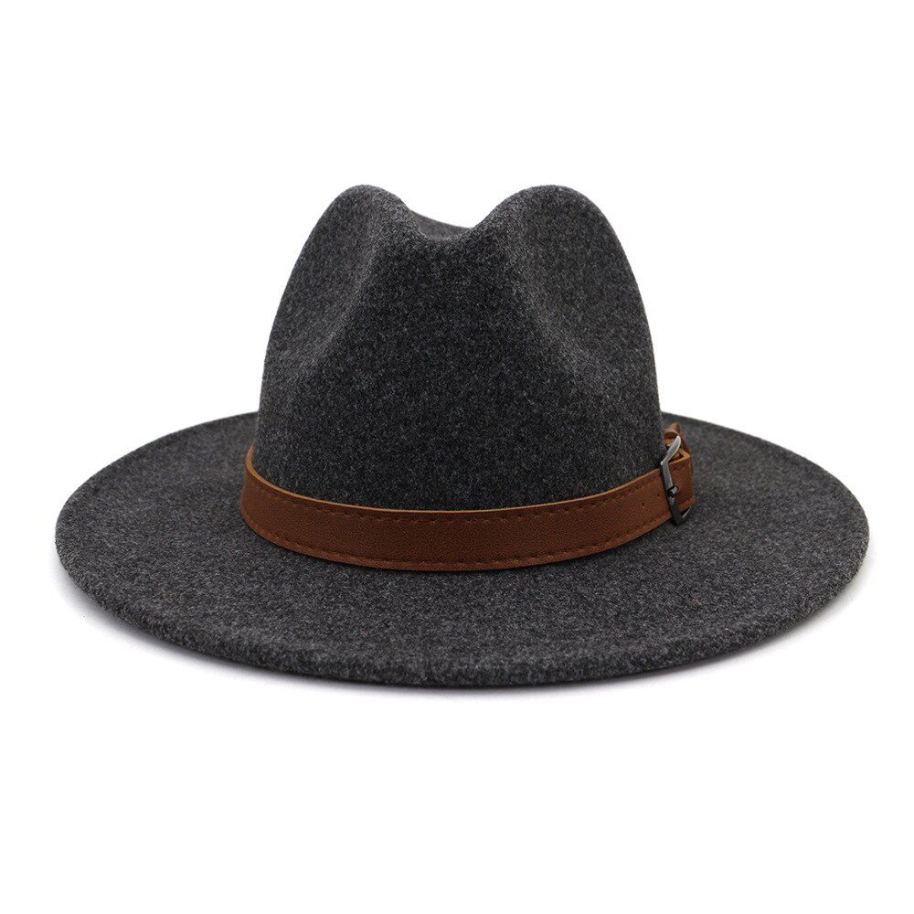 Sombrero Fedora de lana con lazo de cuero para hombre, gorra redonda americana y europea, color negro, para Otoño e Invierno
