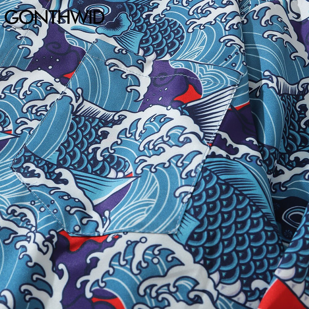 Gonthwid japansk stil havbølge karpe koi fisk print hawaiian strand skjorter herre harajuku afslappet langærmet kjole skjorte toppe