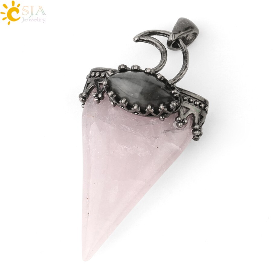 CSJA Natural Stone Triangle Pendant Necklace Antique Silver-color Crown Moon Labradorite Geometric Women Men Trendy Jewelry G324: Rose Quartz