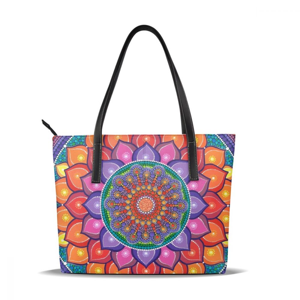 Mandala Handtas Mandala Top-Handvat Tassen Tiener Vrouwen Lederen Draagtas Print University Vrouwen Handtassen: Lotus Rainbow