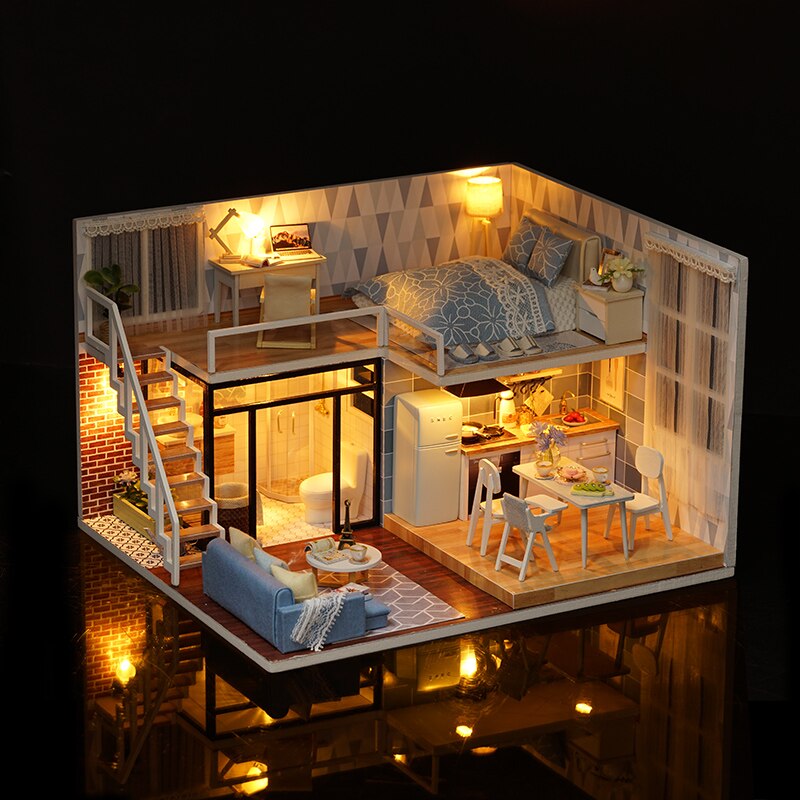 CuteRoom Blau Zeit Puppe Haus DIY Miniatur Mit Möbel Musik Licht Abdeckung Miniatur Modell Dekor Baby Liebe Spielzeug
