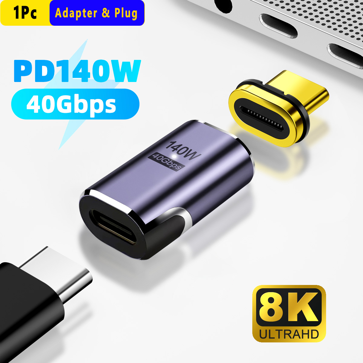 USB4.0 Thunderbolt 3/4 Magnetic Adapter 40Gbps Type C Male to Female 140W Fast Charging 8K@60Hz USB C Converter for iPad MacBook: black