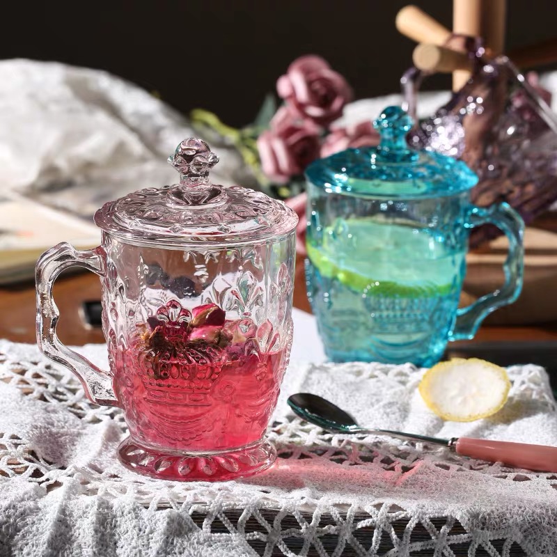 Glass crystal mug with lid European retro embossed flower color thickened 350ml office drink milk tea drink juice cup