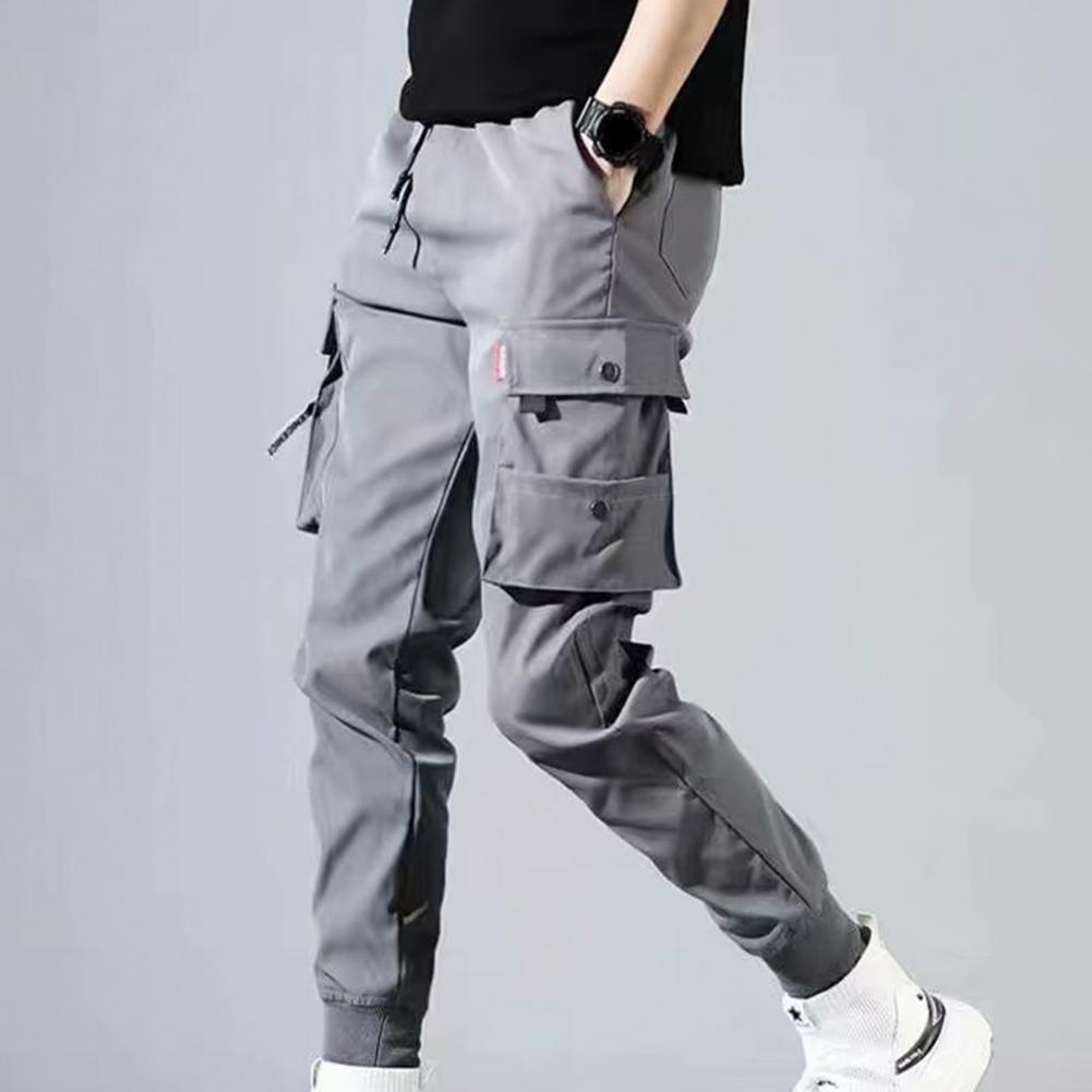Men Drawstring Strap Elastic Waist Pants Solid Color Thin Male Men Beam Feet Cargo Pants for Daily Life