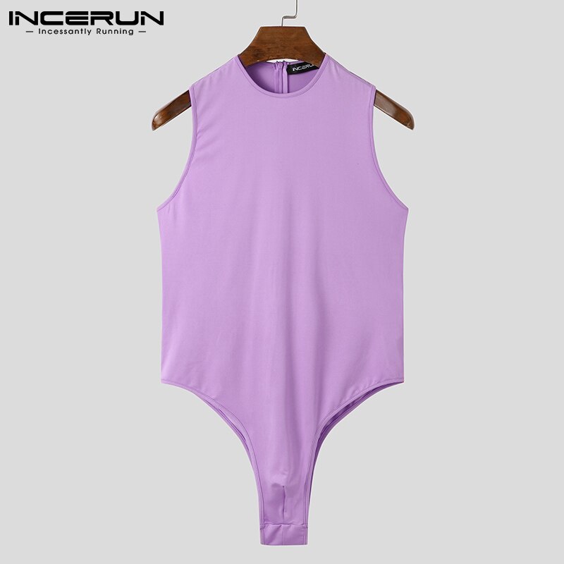 INCERUN Men Bodysuits Underwear Round Neck Sleeveless Solid Color Fitness Cozy Pajamas Rompers Sexy 2022 Mens Bodysuit S-5XL