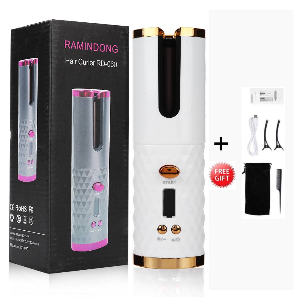 Portable Wireless Automatic Curling USB Rechargeable Hair Curler LED Display Temperature Adjustable Styling Tool Hair Device: White