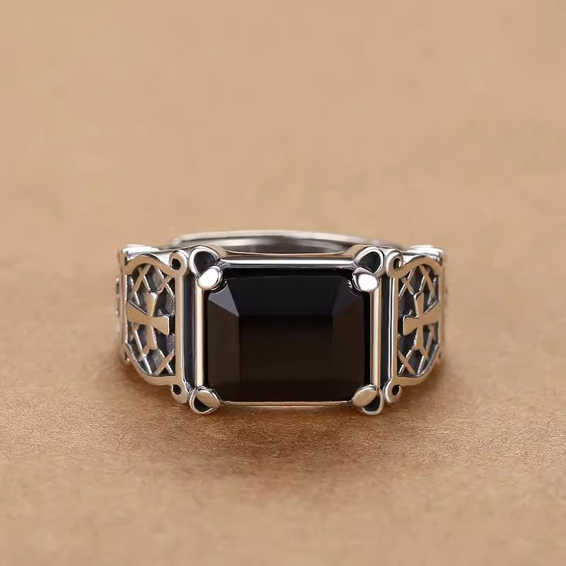 HX – bague croisée couleur argent pour hommes, personnalité dominante, tendance Hip Hop, anneau unique, bijoux en pierre noire,