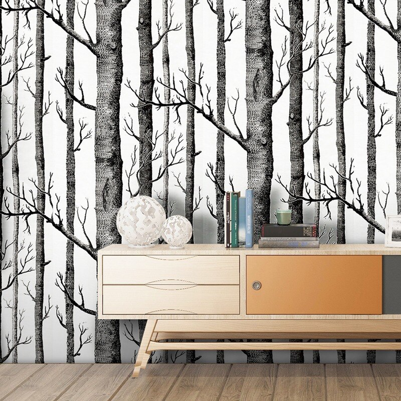 Sort hvidt birketræ tapet til soveværelse moderne stue vægpapirrulle rustikke skovskov tapeter