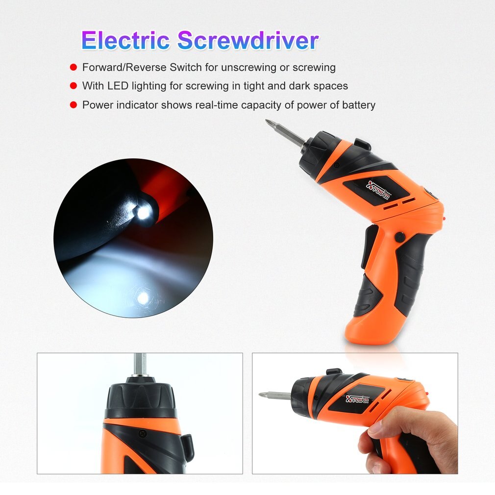 X-power 4.8V Rechargeable Cordless Electric Screwdriver Bits kit Screw Power Driver Drill Power Tools with LED Lighting