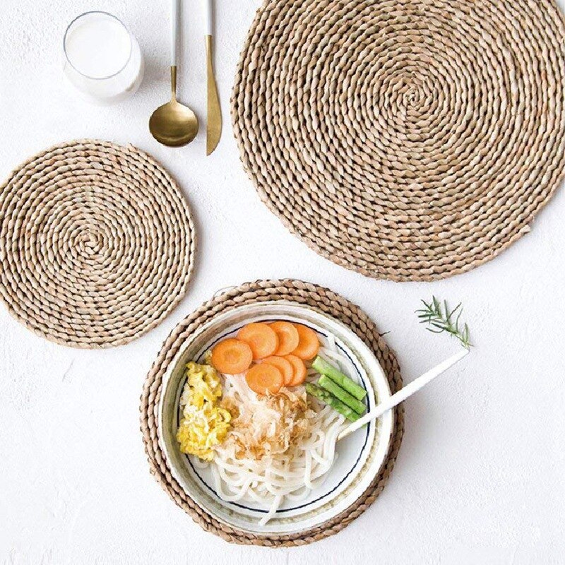 4Pcs Cattail Straw Round Woven Placemats for Dining Table, Rattan Table Mats, Natural Straw Mat Braided, Weave Placemats Handmad