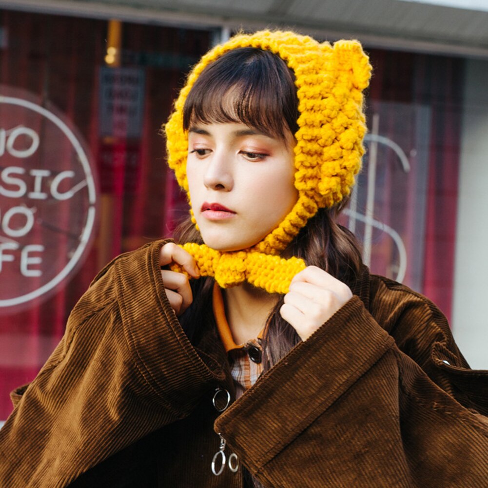 Kvinde vinter uld øreværn strikket sød hue huer kalot vinter varm foret bløde behagelige hatte