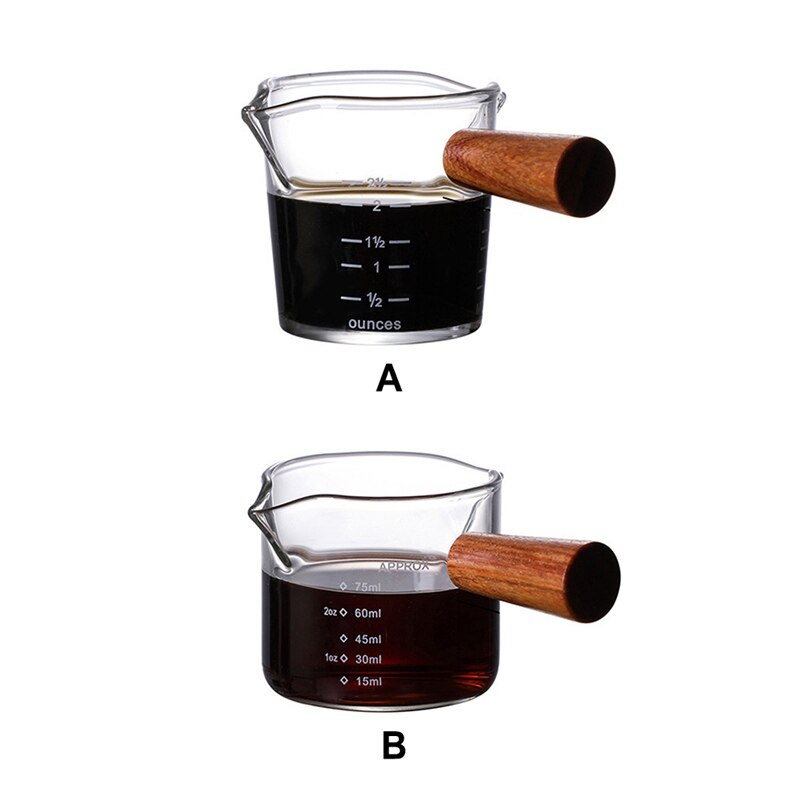 70/75ml hitzebeständigen Glas Espresso Messbecher Doppel Mund Glas Milch Krug Mit Holz Griff Glas skala Maßnahme Tassen