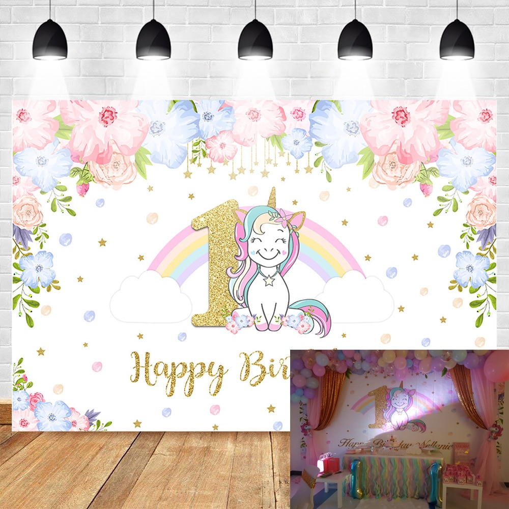 Birthday Photography Backdrop - Unicorn Theme Rainbow Glitter Stars Flower Cake Table Banner