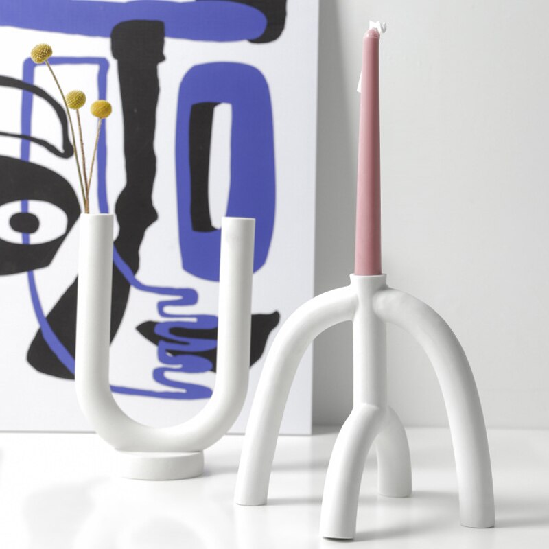 Candelabro de cerámica nórdico, portavelas blanco en forma de U, soporte de vela escandinavo para sala de estar, adorno para el hogar