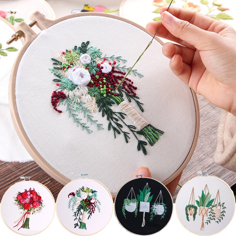 DIY Ribbon Embroidery Kit Flower Printed Floral Pattern Cross Stitch Needlework with Embroidery Hoop Frame Wall Painting Art