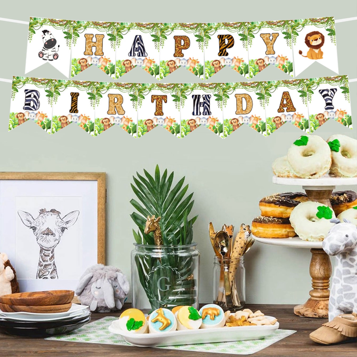 Pancarta de cumpleaños de animales del bosque, Safari de la selva, pancarta de primer cumpleaños para niños, jirafa Monekey, decoración de de feliz cumpleaños, banderas colgantes