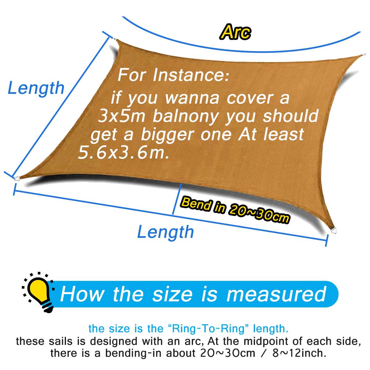 300D Waterproof UV Sand yellow rectangle sun protection garden outdoor shade sail garden courtyard Hiking Yard sail awning