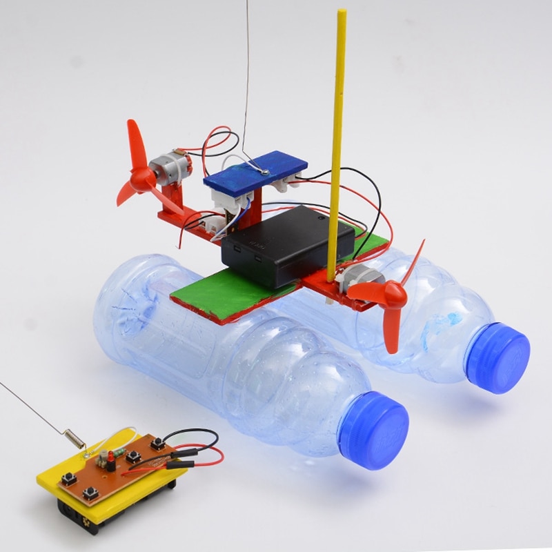 Samlet vindmølle model båd træ fjernbetjening båd diy videnskab pædagogisk legetøj model
