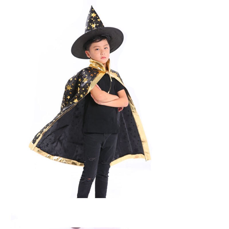 Kids Witch Wizard Cloak Hat Set Stars Pattern Halloween Role Play Cape Robe Costume For Boys Girls