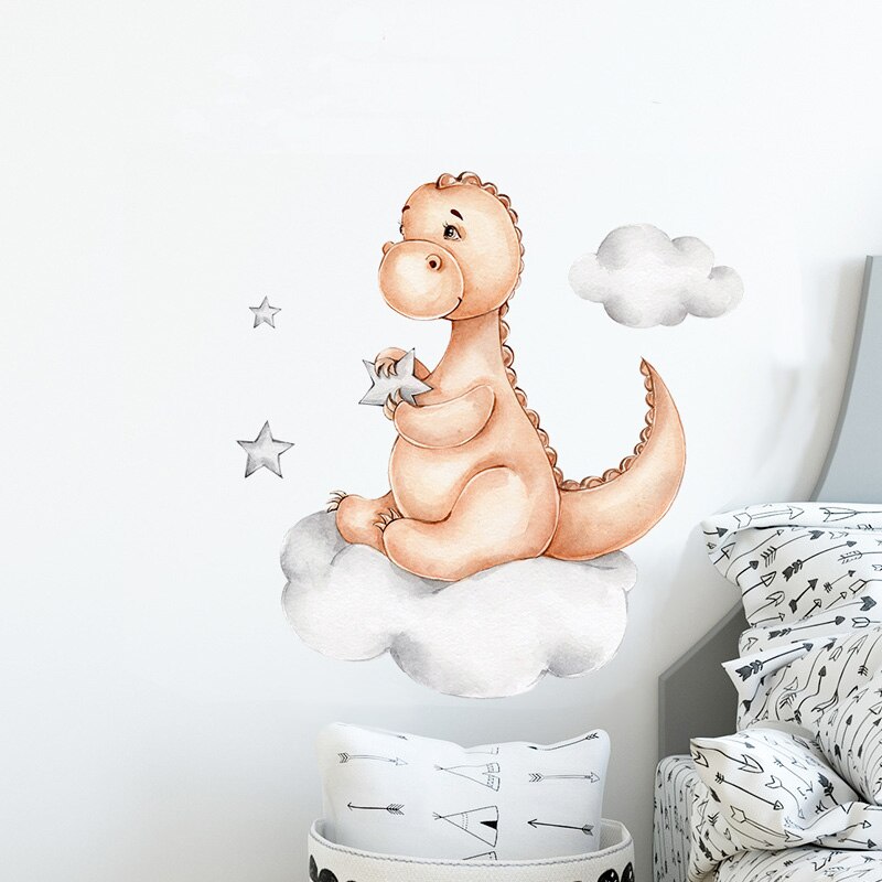 Cartoon Dinosaur Sit Clouds Wall Sticker Baby Kids Room Bedroom Background Wallpaper Art Decals Home Decoration Cute Stickers
