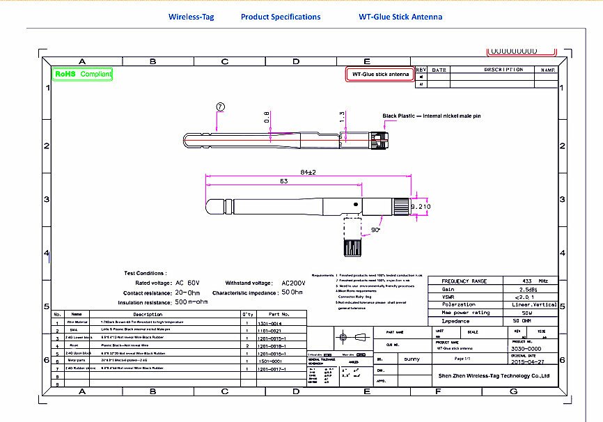 Wireless Module Antenna 2.5 dBi Gain 433 MHz Long Range Glue Stick Antenna for LoRa Module WT-800T
