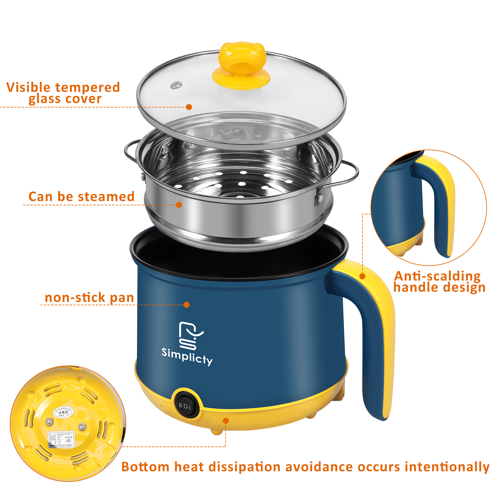 1.8L Electric Pot Electric Cooking Pot Non-Stick Cooker 2 Gear Mini Pot Cooker Dry Protection Heating Boil Ramen Cooker