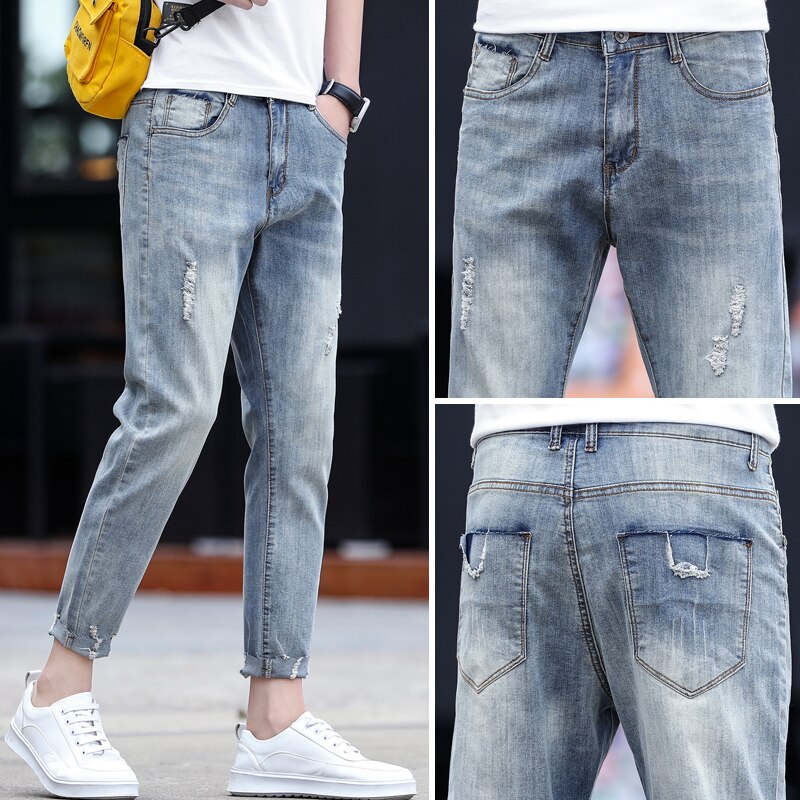 Jeans Ripped Jeans Men's Slim-Fit Retro Washed Casual Pants Street Style High Street Men's Pants Tide 3013