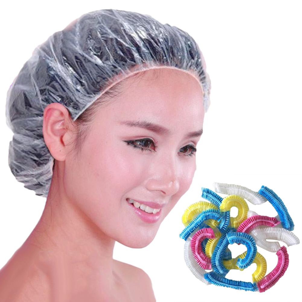 100 stk protecton engangs transparent brusebad frisør salon spa cap beskyttelseshat kvinde stil vandtæt