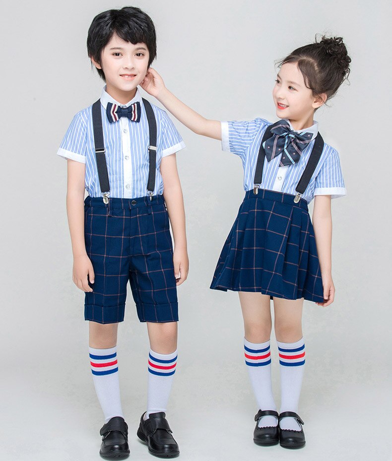 Kids British style School Uniform for Girls Boys Blue Shirts Top Navy Pleated Skirts Pants Clothes Tie Set Students Outfits Suit