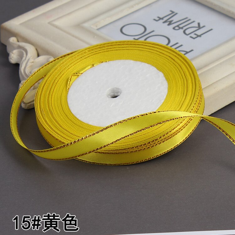 3/8" 10mm 25yards Gold Edges Satin Ribbon Wedding Happy Birthday Box Packaging Decorations DIY Craft Bow: Yellow