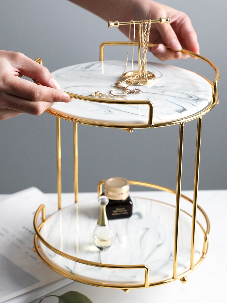 Nordisk marmor 2- lags desktop kosmetik smykker opbevaringsstativ parfume læbestift fyldes op arrangørkasse dessertkage displaystand