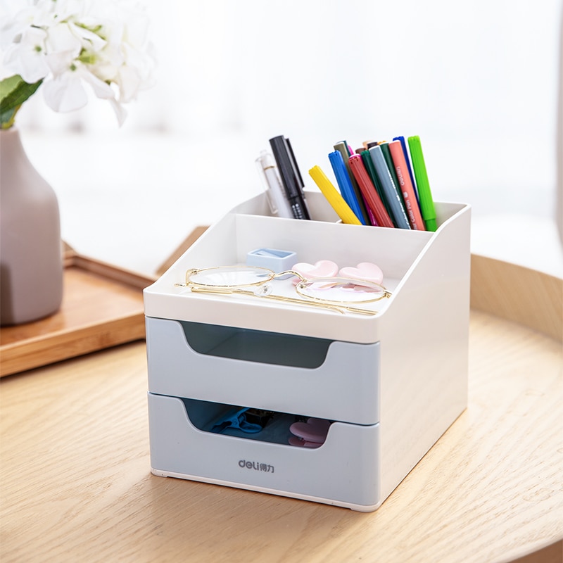 DELI Stationery Holder Student Papelaria Holder Office Three-tier File Tray Multifunctional Pen Holder Drawers Desktop Organizer