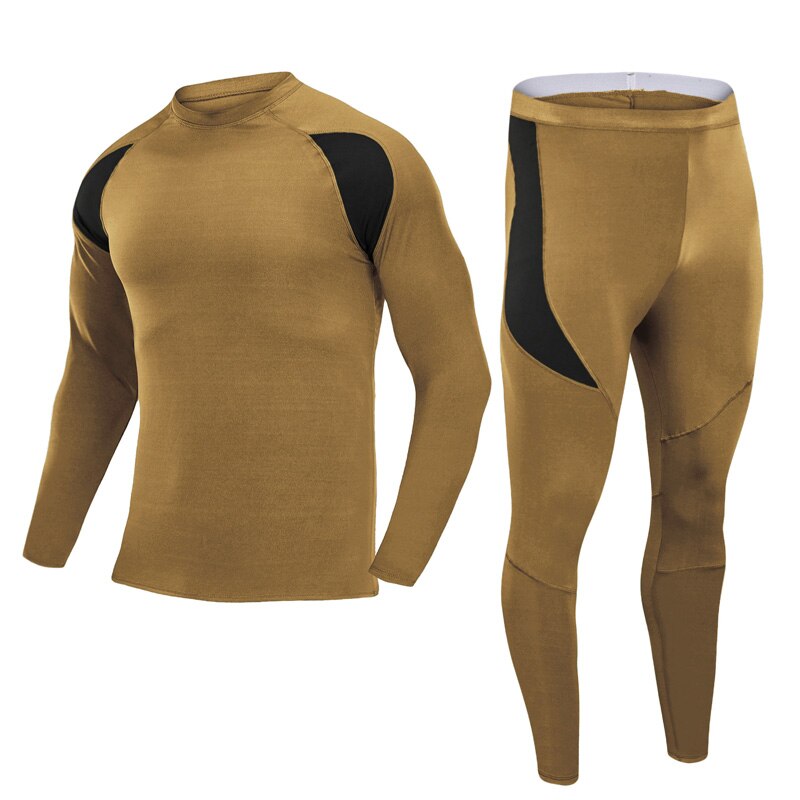 Men&#39;s Long Johns Gym Jogging Set Winter Fleece Underwear Set Men Thick Thermal Base Layer Sportwear Men&#39;s Pajam: Khaki / M